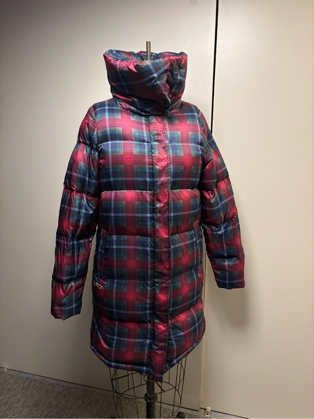 Plaid Puffer Coat - Red & Blue Long Winter Jacket